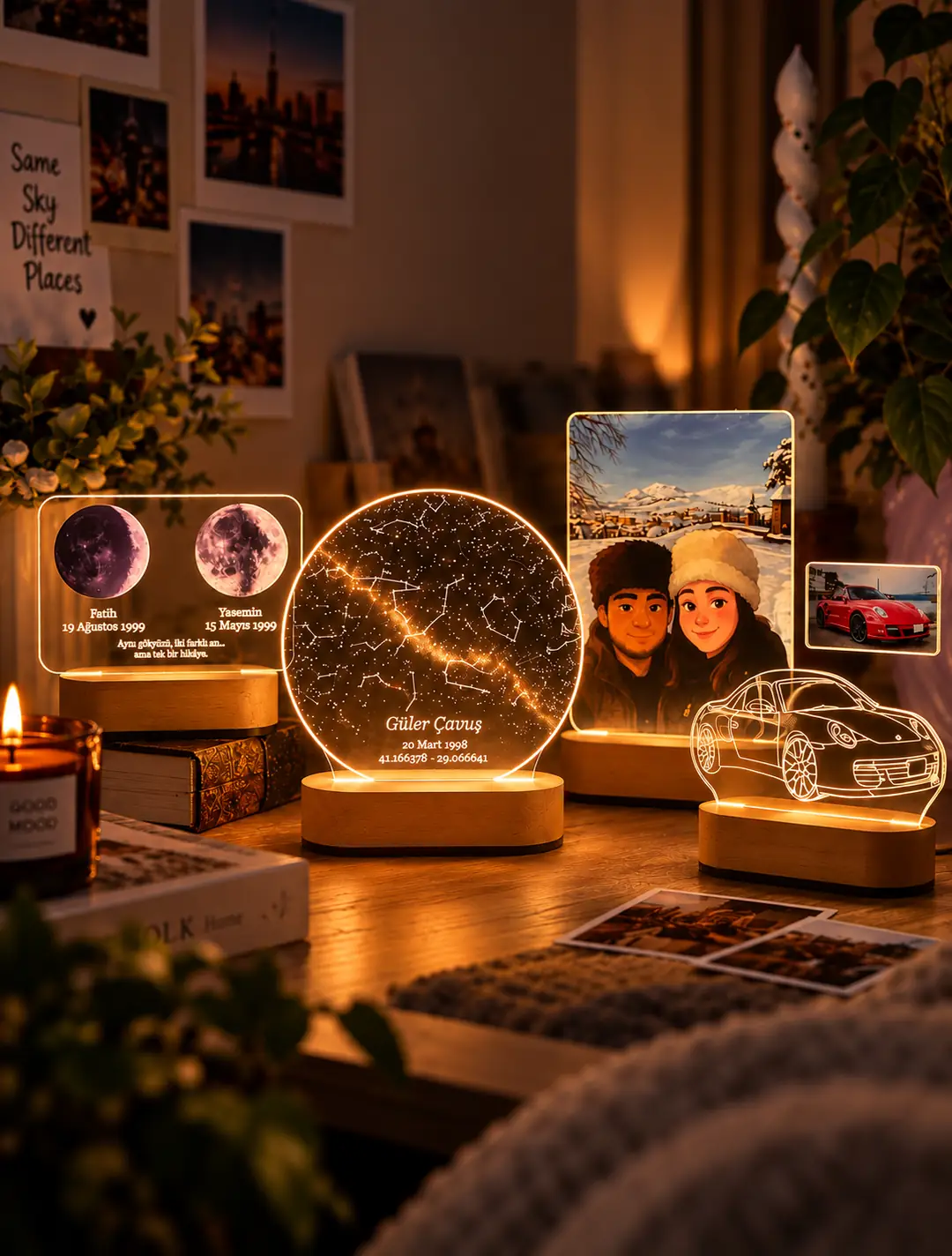 Kişiye özel gece lambaları - yıldız haritası, fotoğraflı ve araç tasarımları